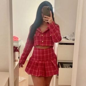 Pink Plaid Blazer & Pleated Skirt Set Synthetic Tweed NWOT